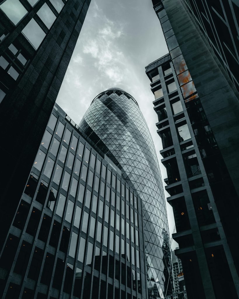 View of modern skyscrapers in London's financial district, showcasing contemporary architecture.