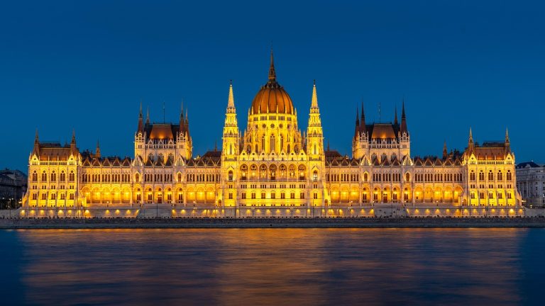 river, city, budapest, hungary, parliament, architecture, urban, lights, night