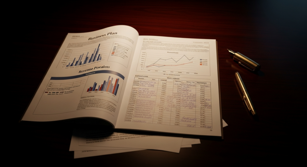 Business plan document with financial projection charts under editorial lighting, fountain pen resting beside the pages.