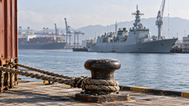 A naval vessel and container ship share an industrial harbour beyond a sharply focused mooring bollard.