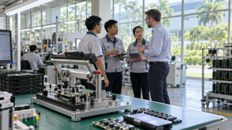 Electronics inspection equipment in focus while engineers discuss production in a Vietnamese factory.