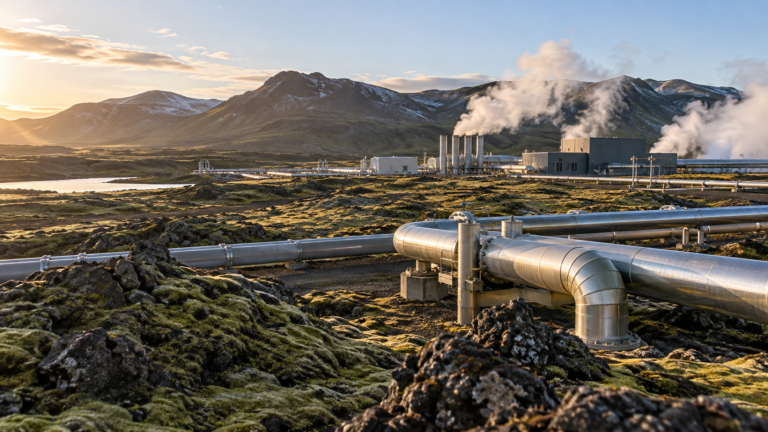 Geothermal pipes cross a mossy Icelandic landscape toward an operating power station.