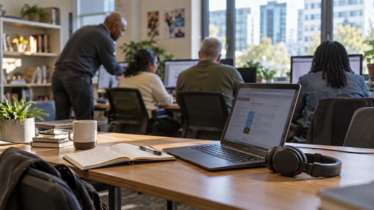 A laptop and study materials in focus while a tutor helps adults at shared workstations.