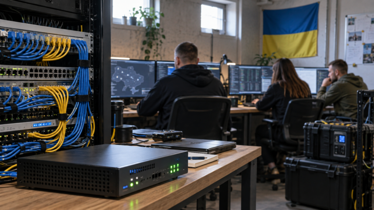 Network security equipment in focus with a Ukrainian cyber-response team working behind it.