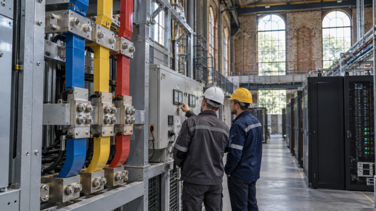 Power-distribution equipment connects a refurbished industrial hall to modern computing racks as engineers inspect it.