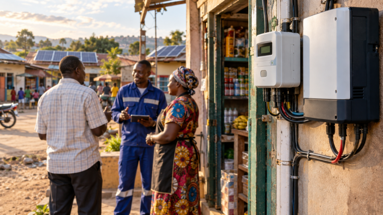 A solar meter and inverter in focus while local business owners speak with a technician.