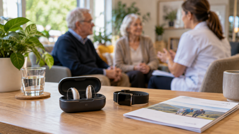 Hearing aids and a health monitor in focus while an older couple discuss care with a professional.