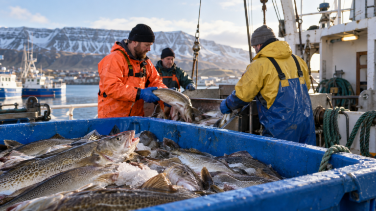 Fresh cod in a harbour fish bin with Icelandic fishing crew unloading catch behind it.