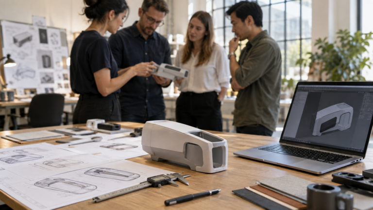 A design prototype and measuring tools in focus as colleagues review a related model.