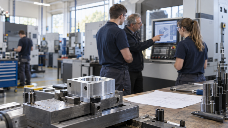 A machined component in focus while an experienced technician trains colleagues.
