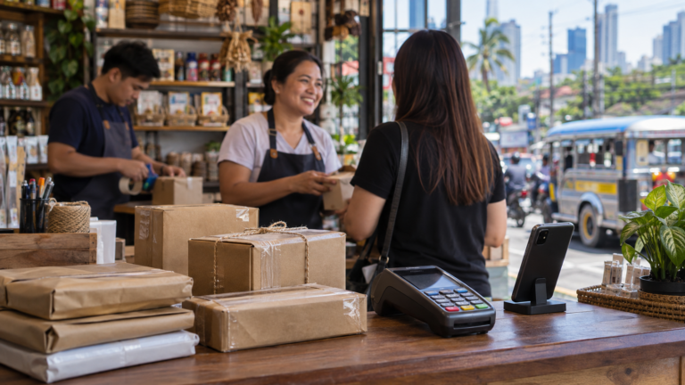 Payment equipment and parcels in focus while a Filipino shop team serves a customer.
