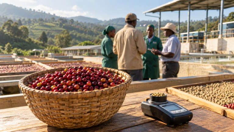 Coffee cherries and a quality-control instrument in focus with Rwandan cooperative workers behind them.