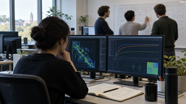 Algorithm experiment results at a workstation with researchers discussing alternatives behind it.