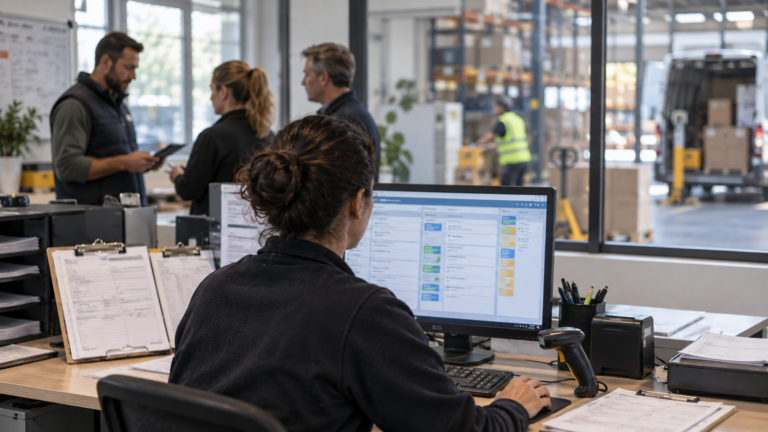 Dispatch tools and an order queue in focus while colleagues coordinate deliveries.