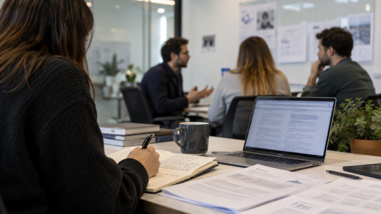 Comparison notes and a laptop in focus while AI evaluators discuss model behaviour.