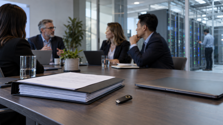 Vendor-access documents and a security key in focus while technology leaders discuss governance.