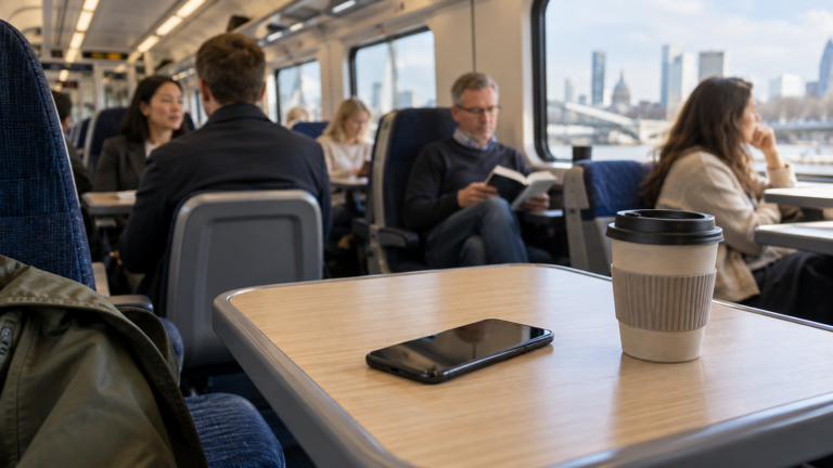 A phone and coffee cup on a train table with ordinary commuters softly focused beyond.