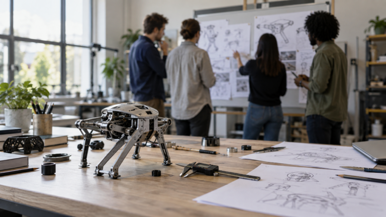 An experimental mechanical prototype in focus with researchers comparing designs behind it.