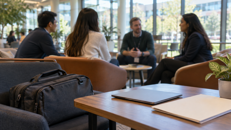 A laptop and travel bag in focus while research colleagues discuss an opportunity with a recruiter.