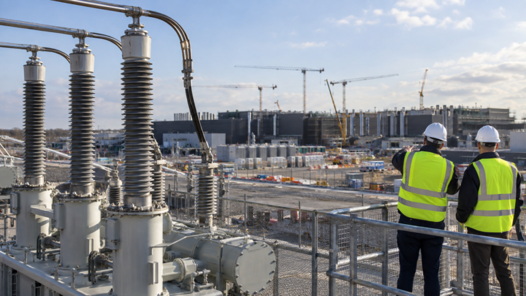 Electrical infrastructure in focus with engineers observing a data-centre construction site.