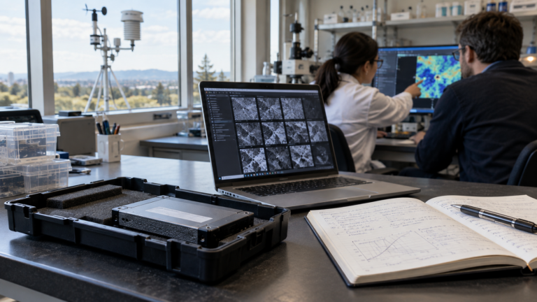 Archived model storage beside a research notebook while engineers examine fresh sensor data.