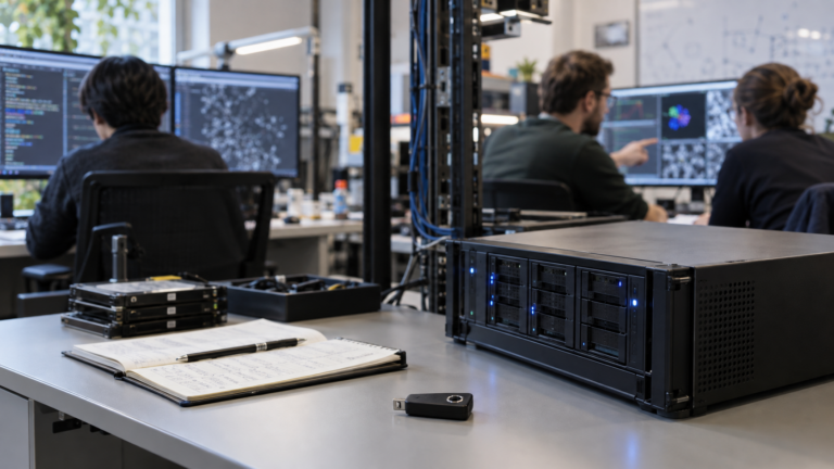 Secured computing equipment and evaluation notes in focus with an AI safety team behind them.
