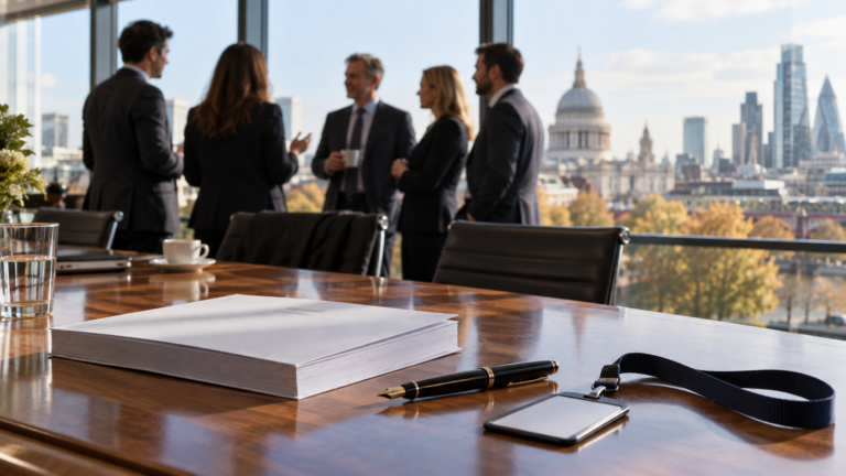 A prospectus and pen in focus while founders and advisers discuss a London listing.