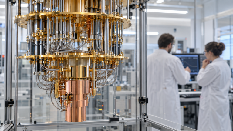 A quantum dilution refrigerator in focus with experimental physicists at a measurement console.