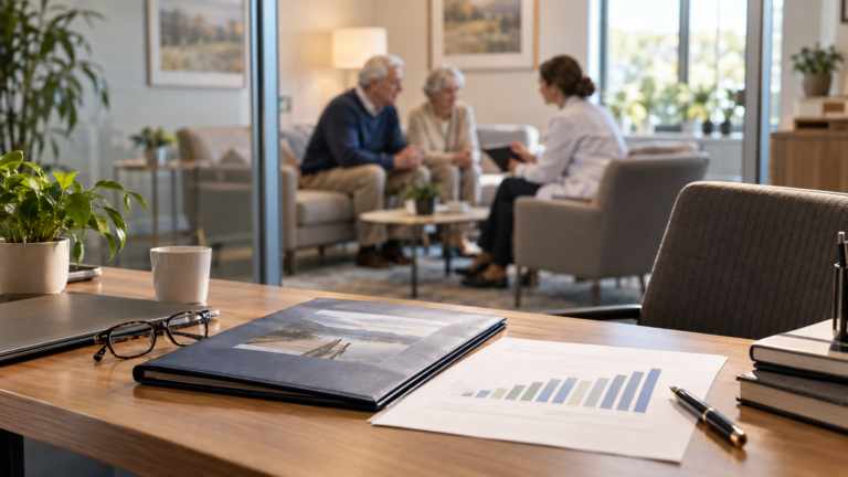 Pension and healthcare planning papers in focus with an older couple speaking to an adviser beyond.
