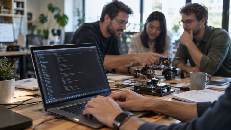 A coding workstation and test device in focus with a software team checking a prototype.