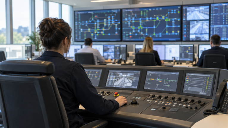 A control console in focus while operators coordinate critical infrastructure.