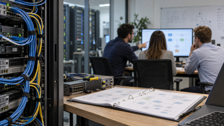 Network connections and process documentation in focus with an enterprise integration team behind them.