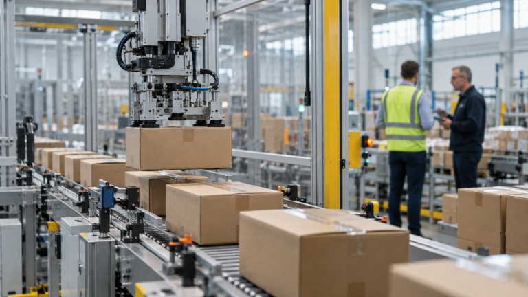 An automated packaging line in focus with production supervisors beyond its safety enclosure.