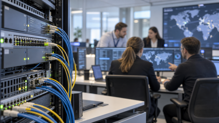 Network security equipment in focus while cyber-defence specialists collaborate behind it.