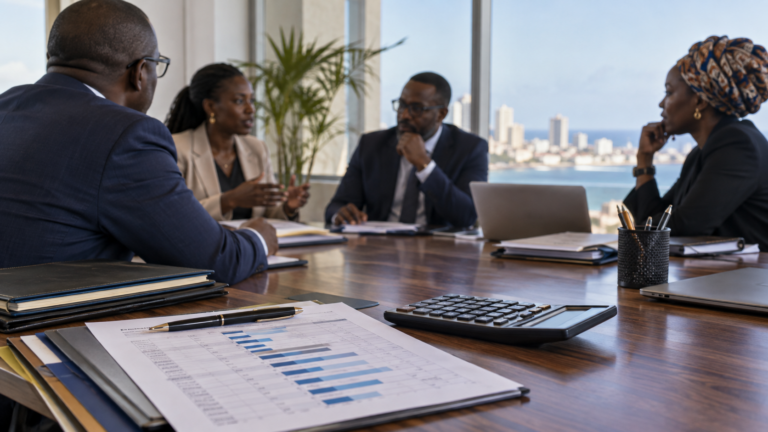 Debt-planning papers in focus while finance professionals discuss funding in a Dakar office.