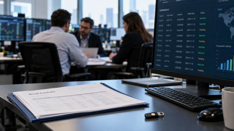 Custody records and an authentication key in focus while market professionals reconcile transactions.