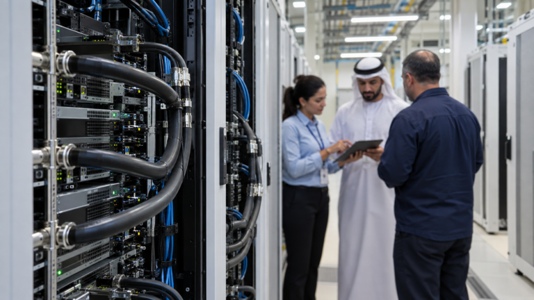Liquid-cooled AI computing equipment in focus with engineers in an operating data hall.