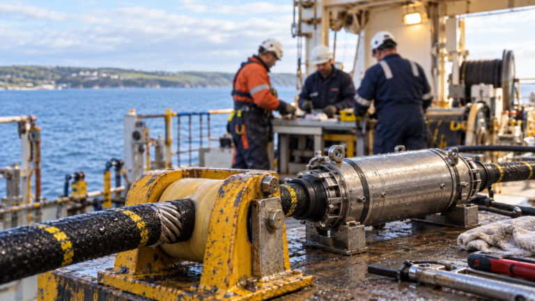 Armoured cable and repair hardware in focus on a vessel deck while three cable engineers work behind them.