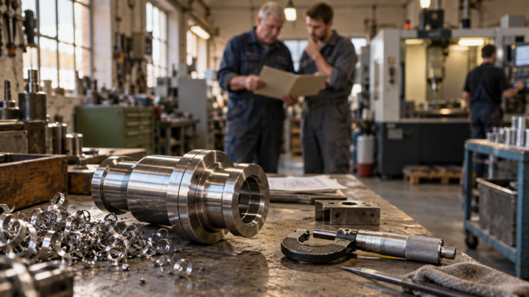 Precision tools and a machined steel component in focus, with older and younger machinists reviewing work behind them.