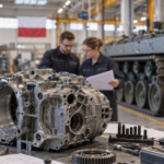 A precision transmission housing in sharp focus with engineers working in a Polish vehicle assembly hall behind it.
