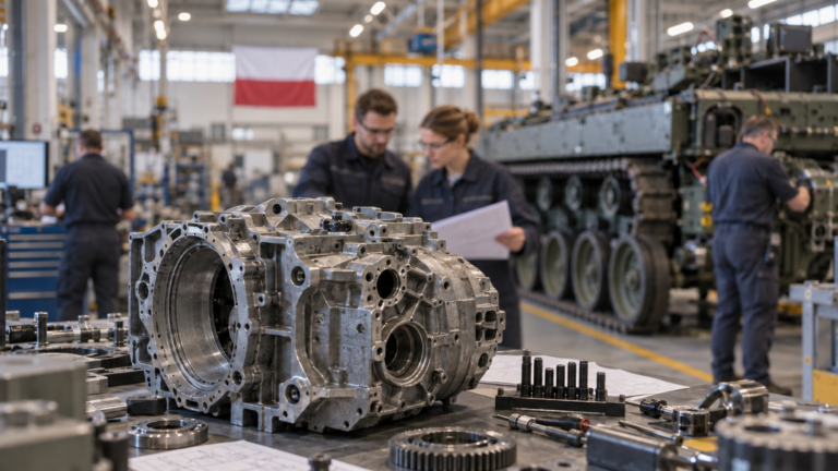 A precision transmission housing in sharp focus with engineers working in a Polish vehicle assembly hall behind it.
