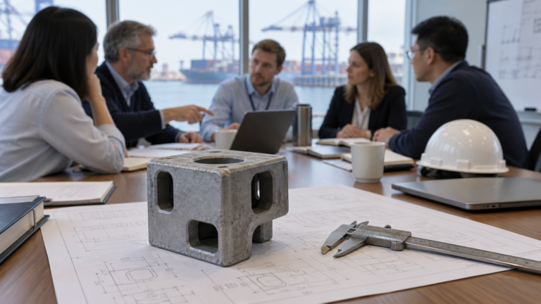 A container corner casting and caliper in focus while a technical committee reviews standards.