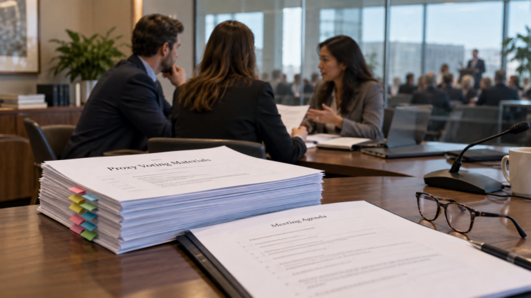 Proxy-voting papers in focus while stewardship analysts discuss a shareholder proposal.