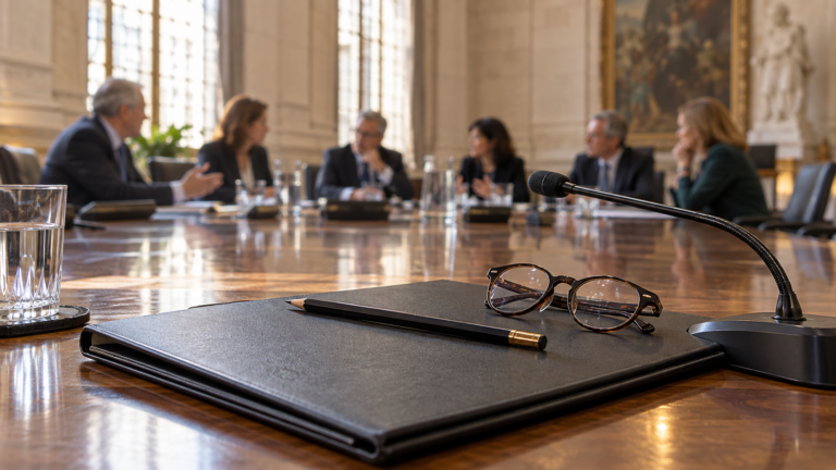 A monetary-policy briefing and microphone in focus with a committee meeting beyond.