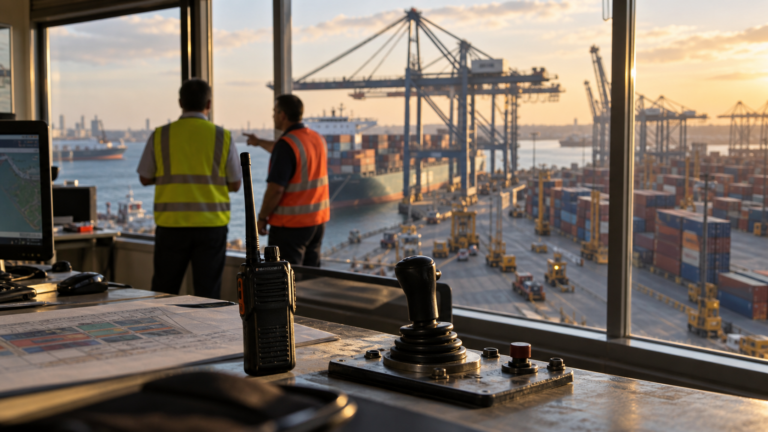Terminal supervisors overlook container cranes from an operations office, behind a sharply focused radio and control joystick.