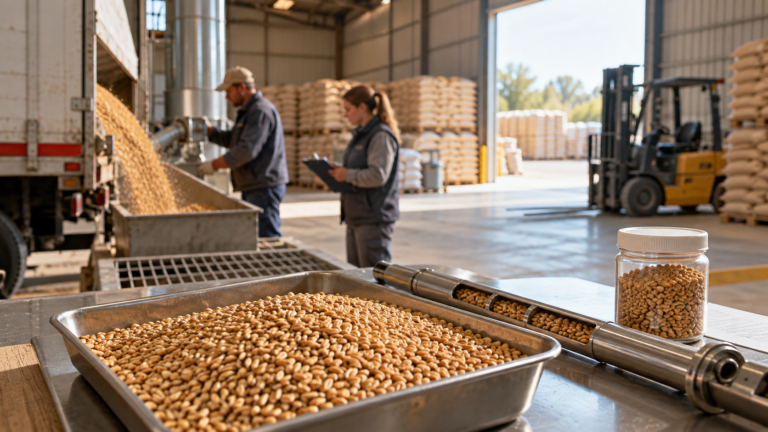 Wheat samples and inspection tools in sharp focus as grain-reserve technicians check a delivery behind them.