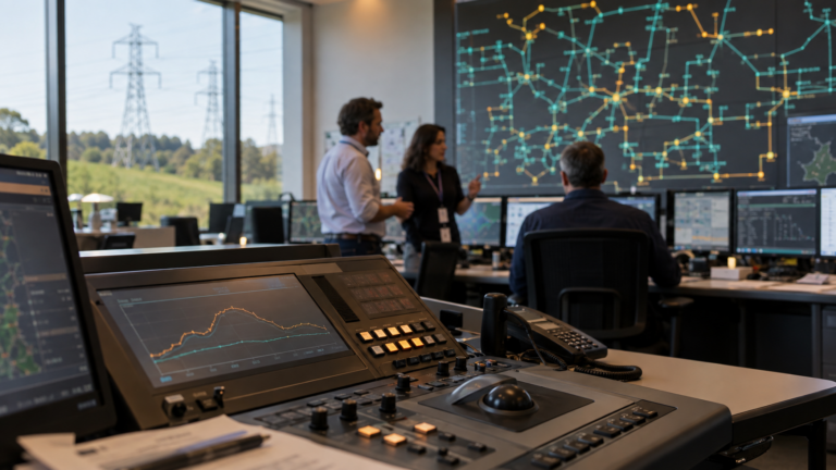 Grid engineers coordinate electricity flows behind a sharply focused dispatch console in a daylight control room.