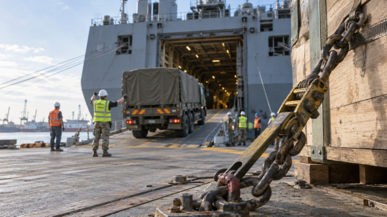 A secured cargo crate and lashing chain in focus while logistics crews guide a supply truck onto a transport ship.