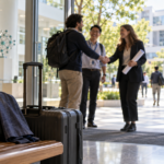 A newly arrived researcher meets colleagues at an international research campus, softly focused behind travel bags.