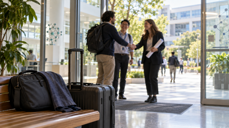 A newly arrived researcher meets colleagues at an international research campus, softly focused behind travel bags.